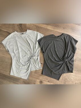 Set of 2 Twist-Front Short Sleeve Tee in Light Gray and Dark Gray